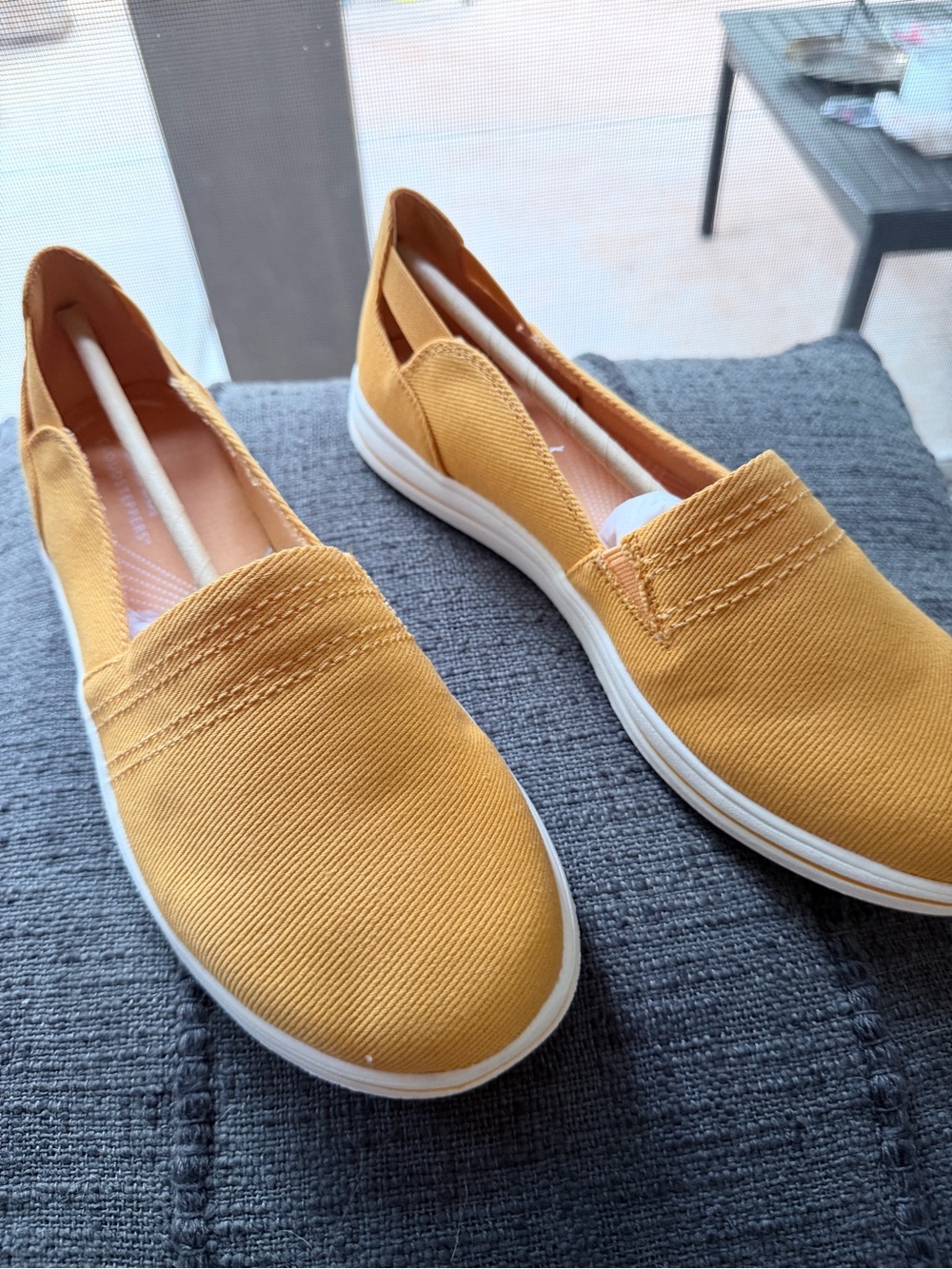 Clarks Women's Mustard Canvas Slip-On Loafers - Picture 2 of 10